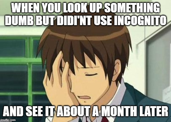 Kyon Face Palm | WHEN YOU LOOK UP SOMETHING DUMB BUT DIDI'NT USE INCOGNITO; AND SEE IT ABOUT A MONTH LATER | image tagged in memes,kyon face palm | made w/ Imgflip meme maker