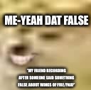 Smiling doge | ME-YEAH DAT FALSE; *MY FRIEND RECORDING AFTER SOMEONE SAID SOMETHING FALSE ABOUT WINGS OF FIRE/FNAF* | image tagged in smiling doge | made w/ Imgflip meme maker