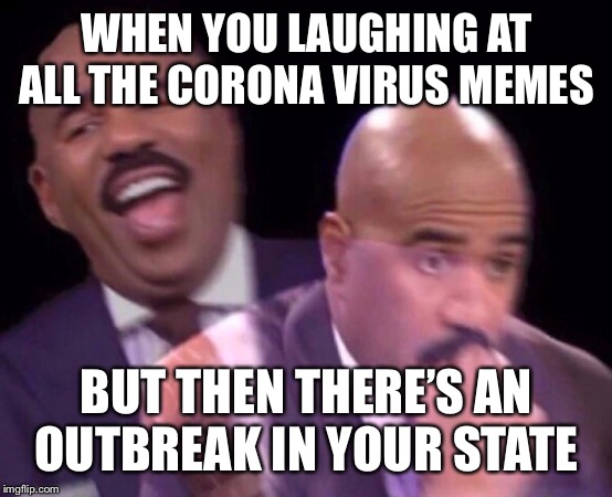 Steve Harvey Laughing Serious | WHEN YOU LAUGHING AT ALL THE CORONA VIRUS MEMES; BUT THEN THERE’S AN OUTBREAK IN YOUR STATE | image tagged in steve harvey laughing serious,coronavirus,nyc,lol,funny,memes | made w/ Imgflip meme maker