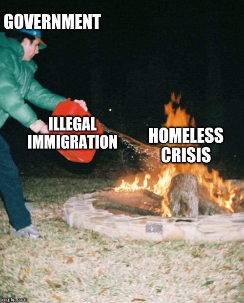 adding fuel to the fire | GOVERNMENT; ILLEGAL IMMIGRATION; HOMELESS CRISIS | image tagged in immigration,homeless crisis,open borders,democrats | made w/ Imgflip meme maker