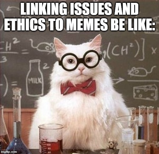 LINKING ISSUES AND ETHICS TO MEMES BE LIKE: | image tagged in cats | made w/ Imgflip meme maker