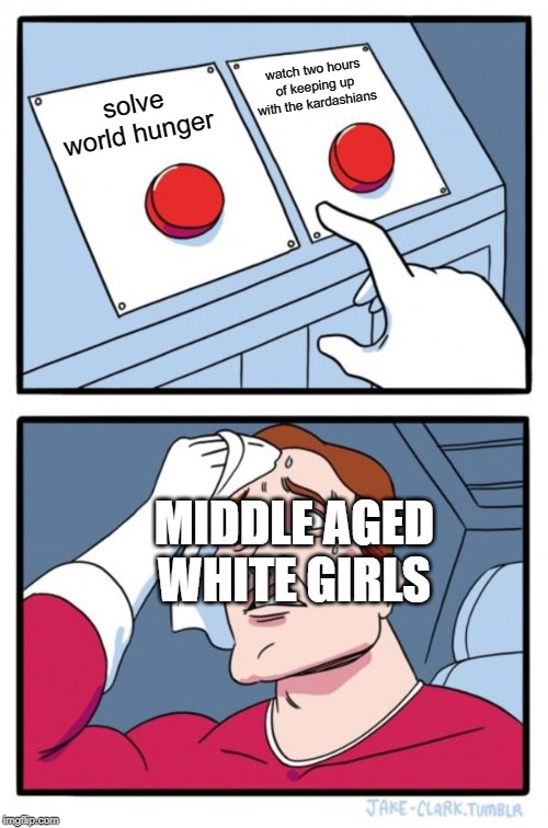 Two Buttons Meme | watch two hours of keeping up with the kardashians; solve world hunger; MIDDLE AGED WHITE GIRLS | image tagged in memes,two buttons | made w/ Imgflip meme maker