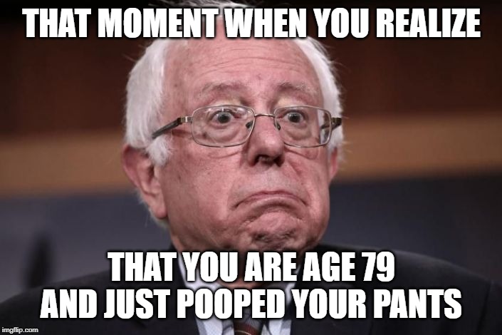 THAT MOMENT WHEN YOU REALIZE; THAT YOU ARE AGE 79 AND JUST POOPED YOUR PANTS | image tagged in bernie | made w/ Imgflip meme maker