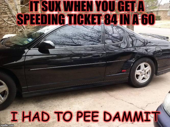 MONTE CARLO SS | IT SUX WHEN YOU GET A SPEEDING TICKET 84 IN A 60; I HAD TO PEE DAMMIT | image tagged in speeding ticket,monte carlo ss,mitchy | made w/ Imgflip meme maker