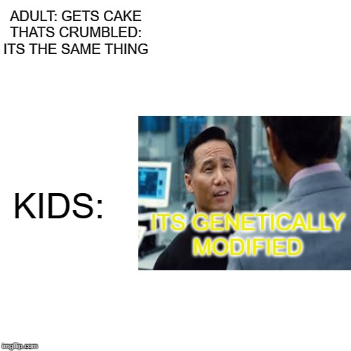 White Screen | ADULT: GETS CAKE THATS CRUMBLED: ITS THE SAME THING; KIDS:; ITS GENETICALLY MODIFIED | image tagged in funny | made w/ Imgflip meme maker