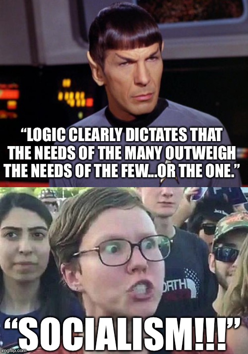 I guess you can’t be a trekkie and a republican. | “LOGIC CLEARLY DICTATES THAT THE NEEDS OF THE MANY OUTWEIGH THE NEEDS OF THE FEW...OR THE ONE.”; “SOCIALISM!!!” | image tagged in mr spock,triggered liberal,socialism | made w/ Imgflip meme maker