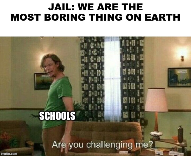 Are you challenging me? | JAIL: WE ARE THE MOST BORING THING ON EARTH; SCHOOLS | image tagged in are you challenging me | made w/ Imgflip meme maker