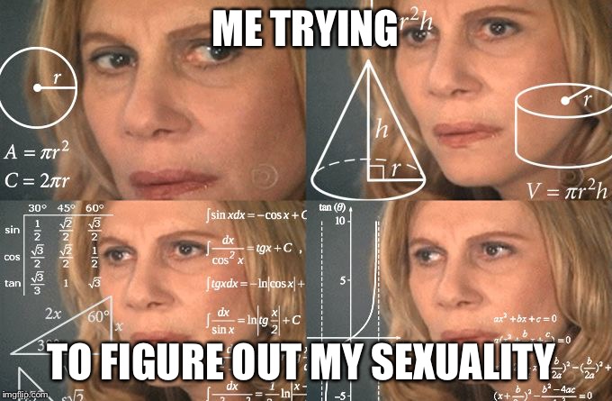 Things just got weird | ME TRYING; TO FIGURE OUT MY SEXUALITY | image tagged in calculating meme,confused | made w/ Imgflip meme maker