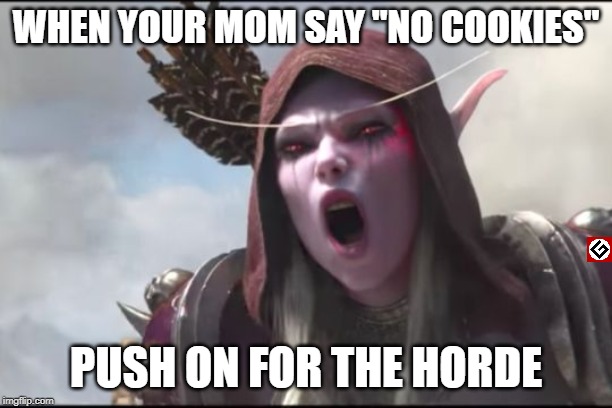 Sylvanas | WHEN YOUR MOM SAY "NO COOKIES"; PUSH ON FOR THE HORDE | image tagged in sylvanas | made w/ Imgflip meme maker