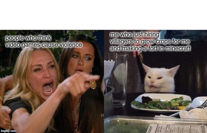Woman Yelling At Cat Meme | me who just hiring villagers to grow crops for me and making a fort in minecraft; people who think video games cause violence | image tagged in memes,woman yelling at cat | made w/ Imgflip meme maker