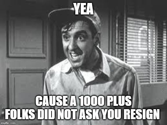 Gomer Pyle | YEA CAUSE A 1OOO PLUS FOLKS DID NOT ASK YOU RESIGN | image tagged in gomer pyle | made w/ Imgflip meme maker