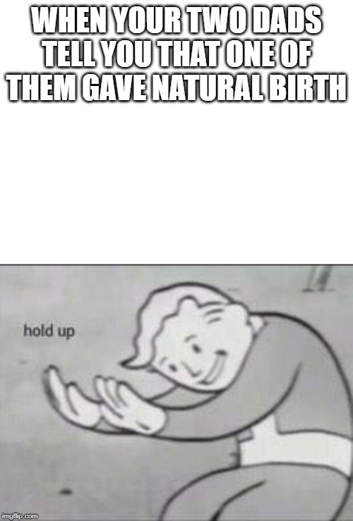 WHEN YOUR TWO DADS TELL YOU THAT ONE OF THEM GAVE NATURAL BIRTH | image tagged in blank white template,fallout hold up | made w/ Imgflip meme maker