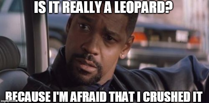 Denzel Training Day | IS IT REALLY A LEOPARD? BECAUSE I'M AFRAID THAT I CRUSHED IT | image tagged in denzel training day | made w/ Imgflip meme maker