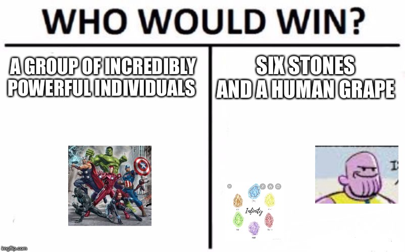 Who Would Win? | A GROUP OF INCREDIBLY POWERFUL INDIVIDUALS; SIX STONES AND A HUMAN GRAPE | image tagged in memes,who would win | made w/ Imgflip meme maker