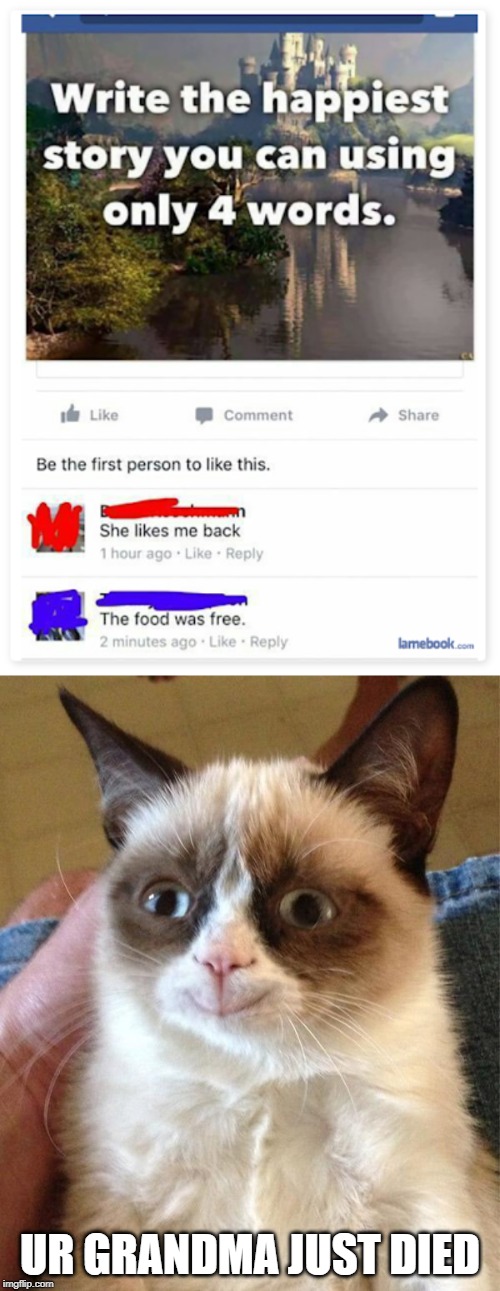 UR GRANDMA JUST DIED | image tagged in memes,grumpy cat happy | made w/ Imgflip meme maker