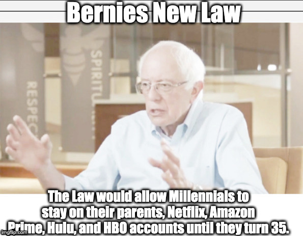 Bernie Sanders | Bernies New Law; The Law would allow Millennials to stay on their parents, Netflix, Amazon Prime, Hulu, and HBO accounts until they turn 35. | image tagged in bernie sanders,socialism,communist socialist,democratic socialism,free stuff | made w/ Imgflip meme maker