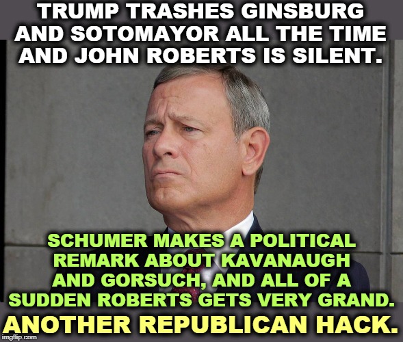 Hypocrisy, thy name is GOP. One more Republican humbug hiding behind his robes. | TRUMP TRASHES GINSBURG AND SOTOMAYOR ALL THE TIME AND JOHN ROBERTS IS SILENT. SCHUMER MAKES A POLITICAL REMARK ABOUT KAVANAUGH AND GORSUCH, AND ALL OF A SUDDEN ROBERTS GETS VERY GRAND. ANOTHER REPUBLICAN HACK. | image tagged in trump,schumer,ruth bader ginsburg,kavanaugh,conservative hypocrisy | made w/ Imgflip meme maker