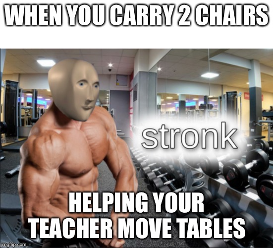 stronks | WHEN YOU CARRY 2 CHAIRS; HELPING YOUR TEACHER MOVE TABLES | image tagged in stronks | made w/ Imgflip meme maker