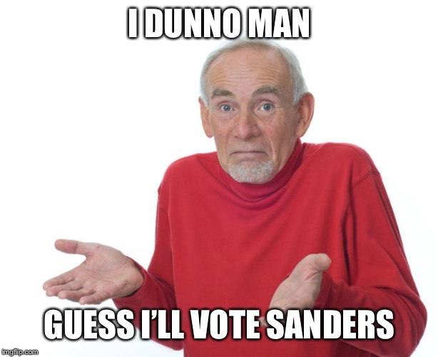 Cringing at how quickly the once-interesting Democratic primary has turned into a two-way contest between two very old white men | I DUNNO MAN GUESS I’LL VOTE SANDERS | image tagged in guess ill die,bernie sanders,vote bernie sanders,democratic party,biden,election 2020 | made w/ Imgflip meme maker
