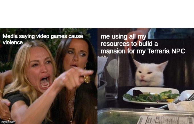 Woman Yelling At Cat Meme | Media saying video games cause 
violence; me using all my resources to build a mansion for my Terraria NPC | image tagged in memes,woman yelling at cat | made w/ Imgflip meme maker