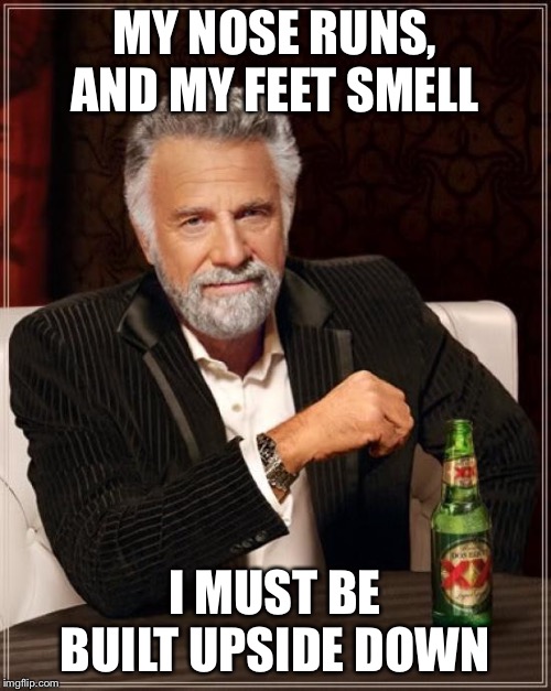 The Most Interesting Man In The World | MY NOSE RUNS, AND MY FEET SMELL; I MUST BE BUILT UPSIDE DOWN | image tagged in memes,the most interesting man in the world | made w/ Imgflip meme maker