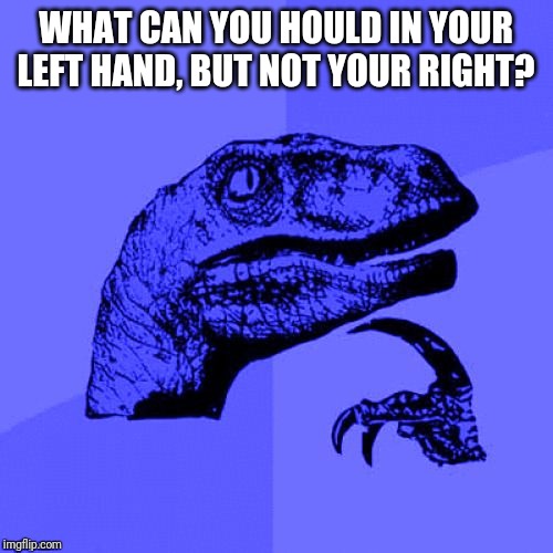 Philosoraptor Blue Craziness | WHAT CAN YOU HOULD IN YOUR LEFT HAND, BUT NOT YOUR RIGHT? | image tagged in philosoraptor blue craziness | made w/ Imgflip meme maker