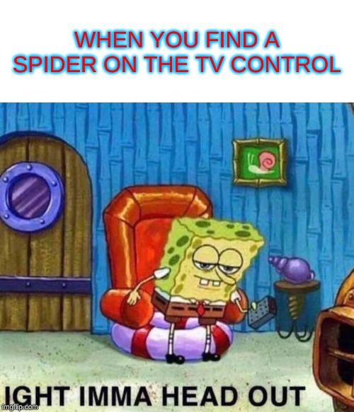 Spongebob Ight Imma Head Out Meme | WHEN YOU FIND A SPIDER ON THE TV CONTROL | image tagged in memes,spongebob ight imma head out | made w/ Imgflip meme maker
