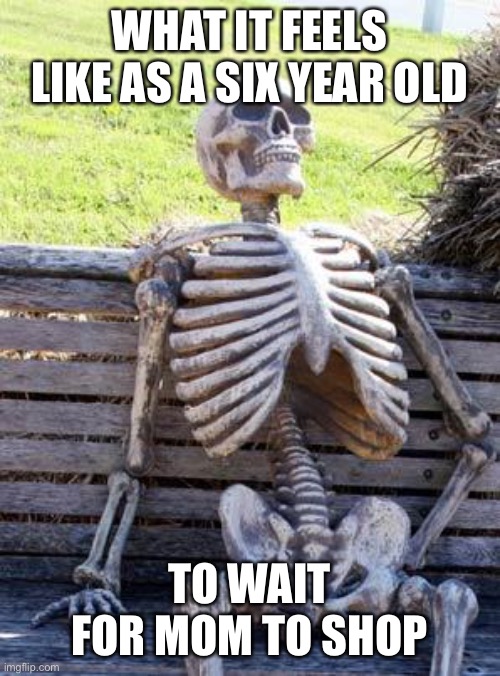 Waiting Skeleton | WHAT IT FEELS LIKE AS A SIX YEAR OLD; TO WAIT FOR MOM TO SHOP | image tagged in memes,waiting skeleton | made w/ Imgflip meme maker