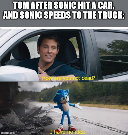 How are you not dead? | TOM AFTER SONIC HIT A CAR, AND SONIC SPEEDS TO THE TRUCK: | image tagged in sonic how are you not dead | made w/ Imgflip meme maker