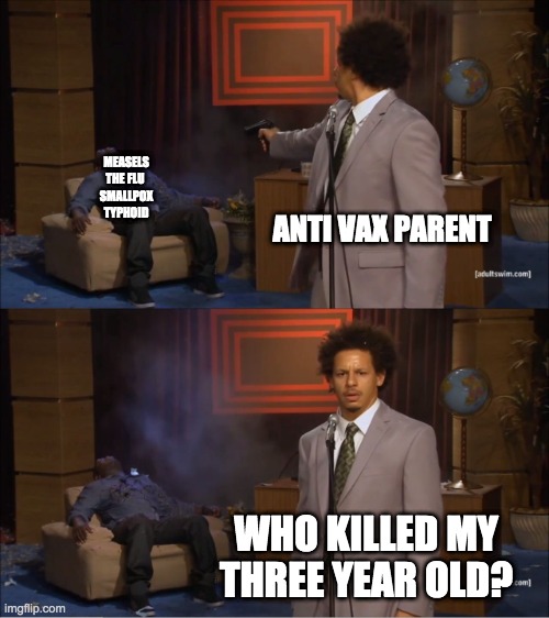 Who Killed Hannibal | MEASELS
THE FLU 
SMALLPOX
TYPHOID; ANTI VAX PARENT; WHO KILLED MY THREE YEAR OLD? | image tagged in memes,who killed hannibal | made w/ Imgflip meme maker