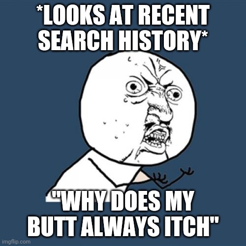 Y U No Meme | *LOOKS AT RECENT SEARCH HISTORY*; "WHY DOES MY BUTT ALWAYS ITCH" | image tagged in memes,y u no | made w/ Imgflip meme maker