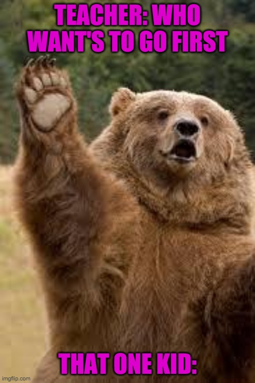 grizzly bear | TEACHER: WHO WANT'S TO GO FIRST; THAT ONE KID: | image tagged in grizzly bear | made w/ Imgflip meme maker