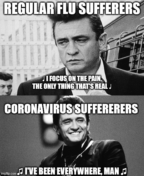 REGULAR FLU SUFFERERS; ♩ I FOCUS ON THE PAIN, THE ONLY THING THAT'S REAL ♩; CORONAVIRUS SUFFERERERS; ♫ I'VE BEEN EVERYWHERE, MAN ♫ | made w/ Imgflip meme maker