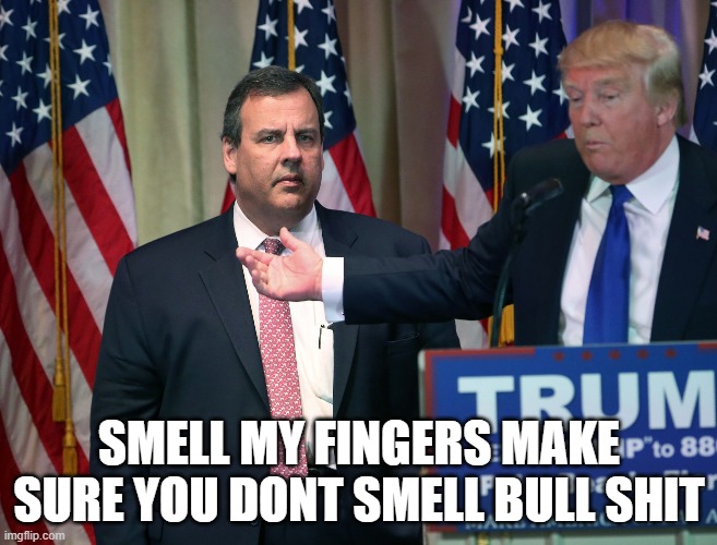 Chris Christie | SMELL MY FINGERS MAKE SURE YOU DONT SMELL BULL SHIT | image tagged in chris christie | made w/ Imgflip meme maker