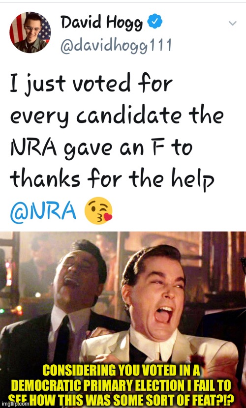 CONSIDERING YOU VOTED IN A DEMOCRATIC PRIMARY ELECTION I FAIL TO SEE HOW THIS WAS SOME SORT OF FEAT?!? | image tagged in memes,good fellas hilarious,david hogg,democratic party,george soros | made w/ Imgflip meme maker