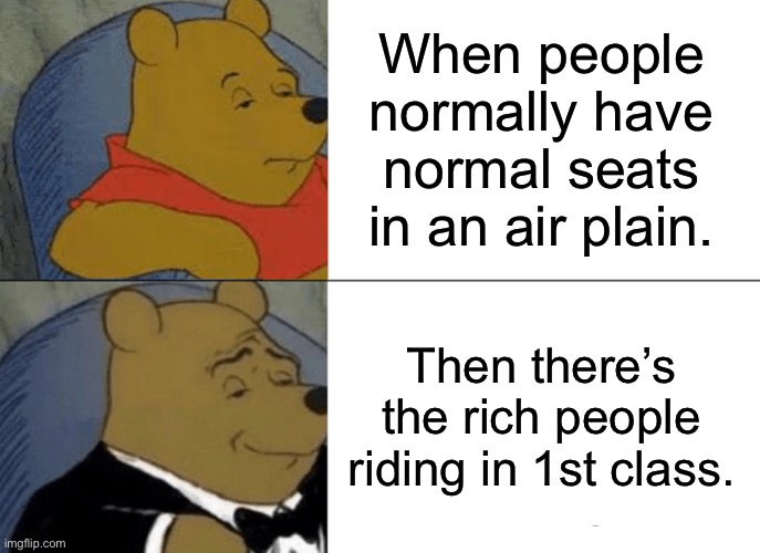Tuxedo Winnie The Pooh | When people normally have normal seats in an air plain. Then there’s the rich people riding in 1st class. | image tagged in memes,tuxedo winnie the pooh | made w/ Imgflip meme maker