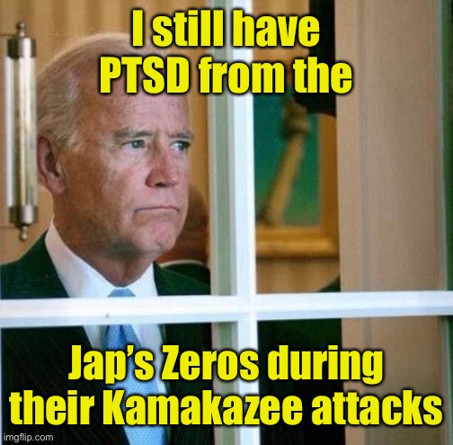 Bullsh@t Biden | I still have PTSD from the Jap’s Zeros during their Kamakazee attacks | image tagged in sad joe biden,japanese,world war ii,zeros,kamakazee,ptsd | made w/ Imgflip meme maker