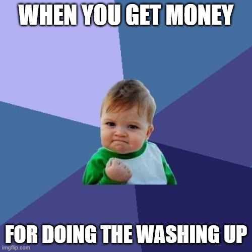 Success Kid Meme | WHEN YOU GET MONEY; FOR DOING THE WASHING UP | image tagged in memes,success kid | made w/ Imgflip meme maker
