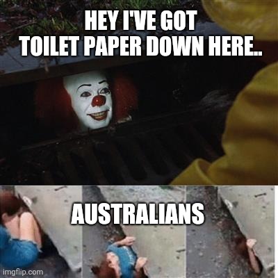 pennywise in sewer | HEY I'VE GOT TOILET PAPER DOWN HERE.. AUSTRALIANS | image tagged in pennywise in sewer | made w/ Imgflip meme maker