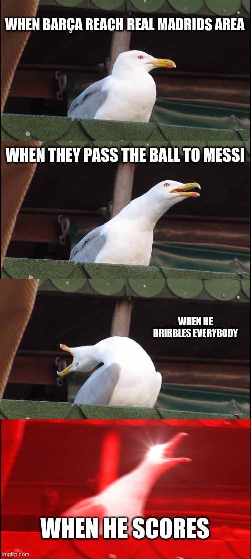 Inhaling Seagull | WHEN BARÇA REACH REAL MADRIDS AREA; WHEN THEY PASS THE BALL TO MESSI; WHEN HE DRIBBLES EVERYBODY; WHEN HE SCORES | image tagged in memes,inhaling seagull | made w/ Imgflip meme maker