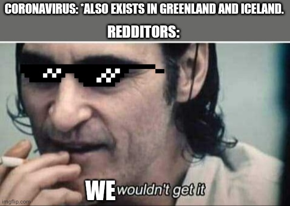 You wouldn't get it | CORONAVIRUS: *ALSO EXISTS IN GREENLAND AND ICELAND. REDDITORS:; WE | image tagged in you wouldn't get it | made w/ Imgflip meme maker