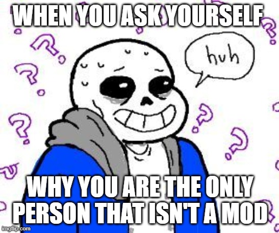 confused sans | WHEN YOU ASK YOURSELF; WHY YOU ARE THE ONLY PERSON THAT ISN'T A MOD | image tagged in confused sans | made w/ Imgflip meme maker