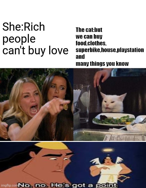 Woman Yelling At Cat | The cat:but we can buy food,clothes, superbike,house,playstation and many things you know; She:Rich people can't buy love | image tagged in memes,woman yelling at cat | made w/ Imgflip meme maker