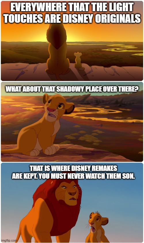 Shadowy Place Lion King | EVERYWHERE THAT THE LIGHT TOUCHES ARE DISNEY ORIGINALS; WHAT ABOUT THAT SHADOWY PLACE OVER THERE? THAT IS WHERE DISNEY REMAKES ARE KEPT. YOU MUST NEVER WATCH THEM SON. | image tagged in shadowy place lion king,mufasa,mufasa and simba,lion king,lion | made w/ Imgflip meme maker
