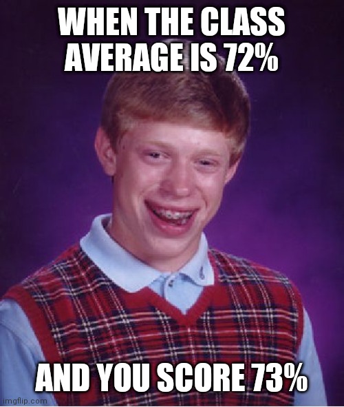 Bad Luck Brian | WHEN THE CLASS AVERAGE IS 72%; AND YOU SCORE 73% | image tagged in memes,bad luck brian | made w/ Imgflip meme maker