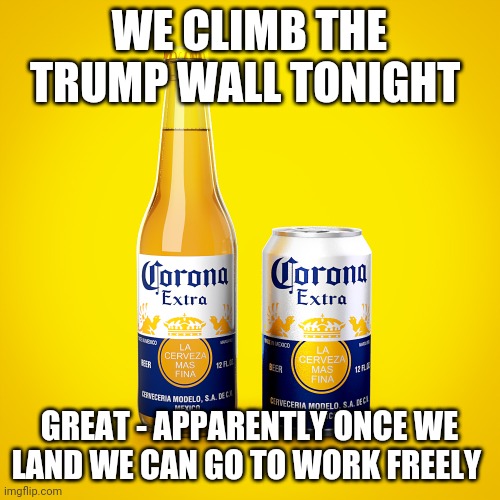 Corona | WE CLIMB THE TRUMP WALL TONIGHT; GREAT - APPARENTLY ONCE WE LAND WE CAN GO TO WORK FREELY | image tagged in memes | made w/ Imgflip meme maker