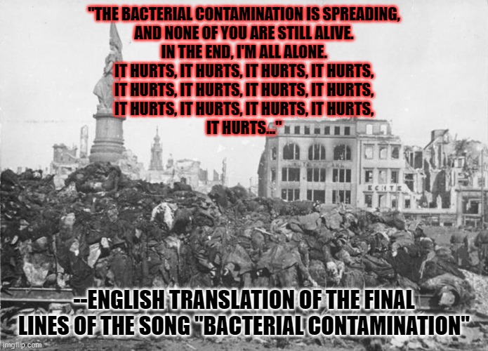 ｉｔ ｈｕｒｔｓ！ | "THE BACTERIAL CONTAMINATION IS SPREADING,
AND NONE OF YOU ARE STILL ALIVE.
IN THE END, I'M ALL ALONE.
IT HURTS, IT HURTS, IT HURTS, IT HURTS,
IT HURTS, IT HURTS, IT HURTS, IT HURTS,
IT HURTS, IT HURTS, IT HURTS, IT HURTS,
IT HURTS..."; --ENGLISH TRANSLATION OF THE FINAL LINES OF THE SONG "BACTERIAL CONTAMINATION" | image tagged in memes,bacterial contamination | made w/ Imgflip meme maker