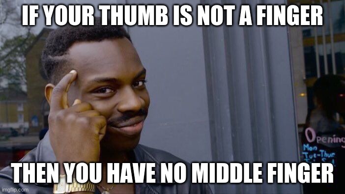 Roll Safe Think About It Meme | IF YOUR THUMB IS NOT A FINGER; THEN YOU HAVE NO MIDDLE FINGER | image tagged in memes,roll safe think about it | made w/ Imgflip meme maker