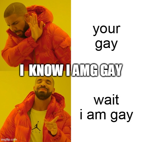 your gay wait i am gay I  KNOW I AMG GAY | image tagged in memes,drake hotline bling | made w/ Imgflip meme maker