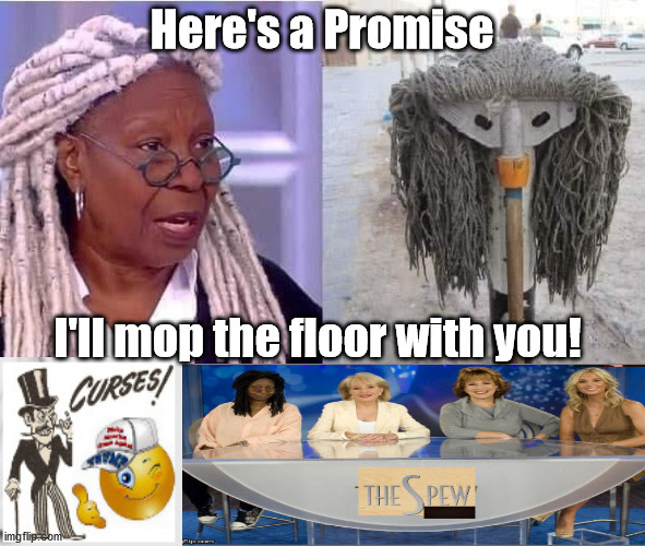 The Spew of the View | Here's a Promise; I'll mop the floor with you! | image tagged in whoopi goldberg,the view,election 2020,trump,bernie sanders | made w/ Imgflip meme maker